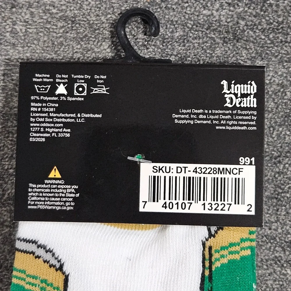Liquid Death Mens Crew Socks White Green Can Graphic Print Shoe Size 6-12 NEW